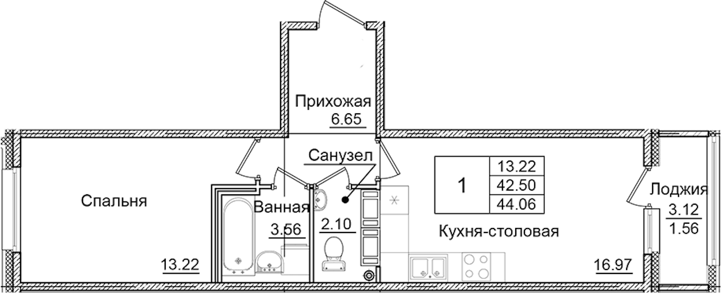 1-комнатная квартира 44.06 м², 8/9 эт., ЖК «Квартал Заречье»